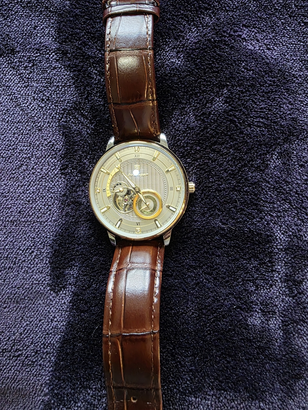 Jaragar Men’s Automatic Mechanical Open Heart Watch Gold Dial Brown Leather